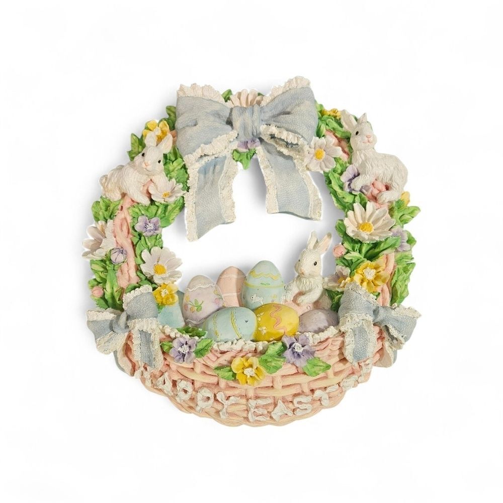 Vintage 1990s Easter Bunny Wreath – Hand-Painted Resin w/ Original Box